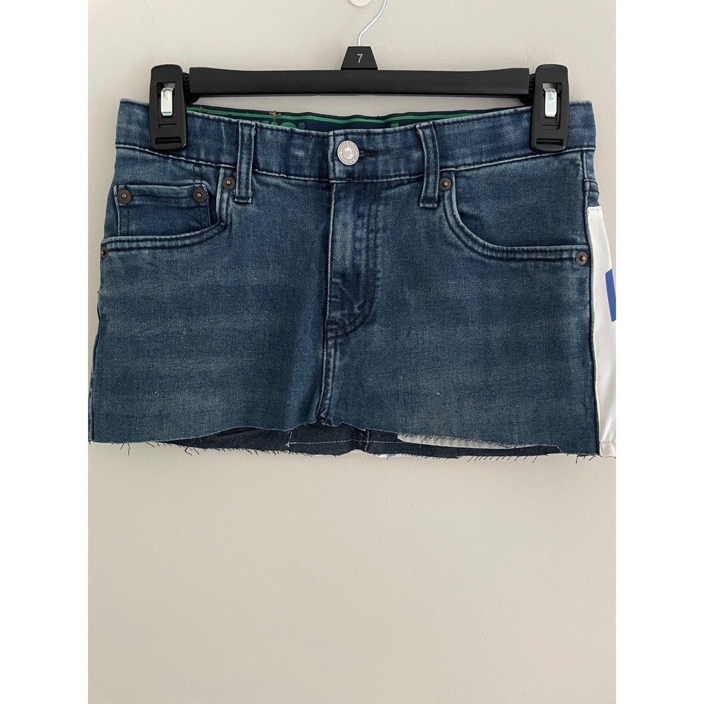 Levi Strauss Upcycled Denim Mini Skirt Blue White Graphic Numbered Size 7 26W - Picture 2 of 4